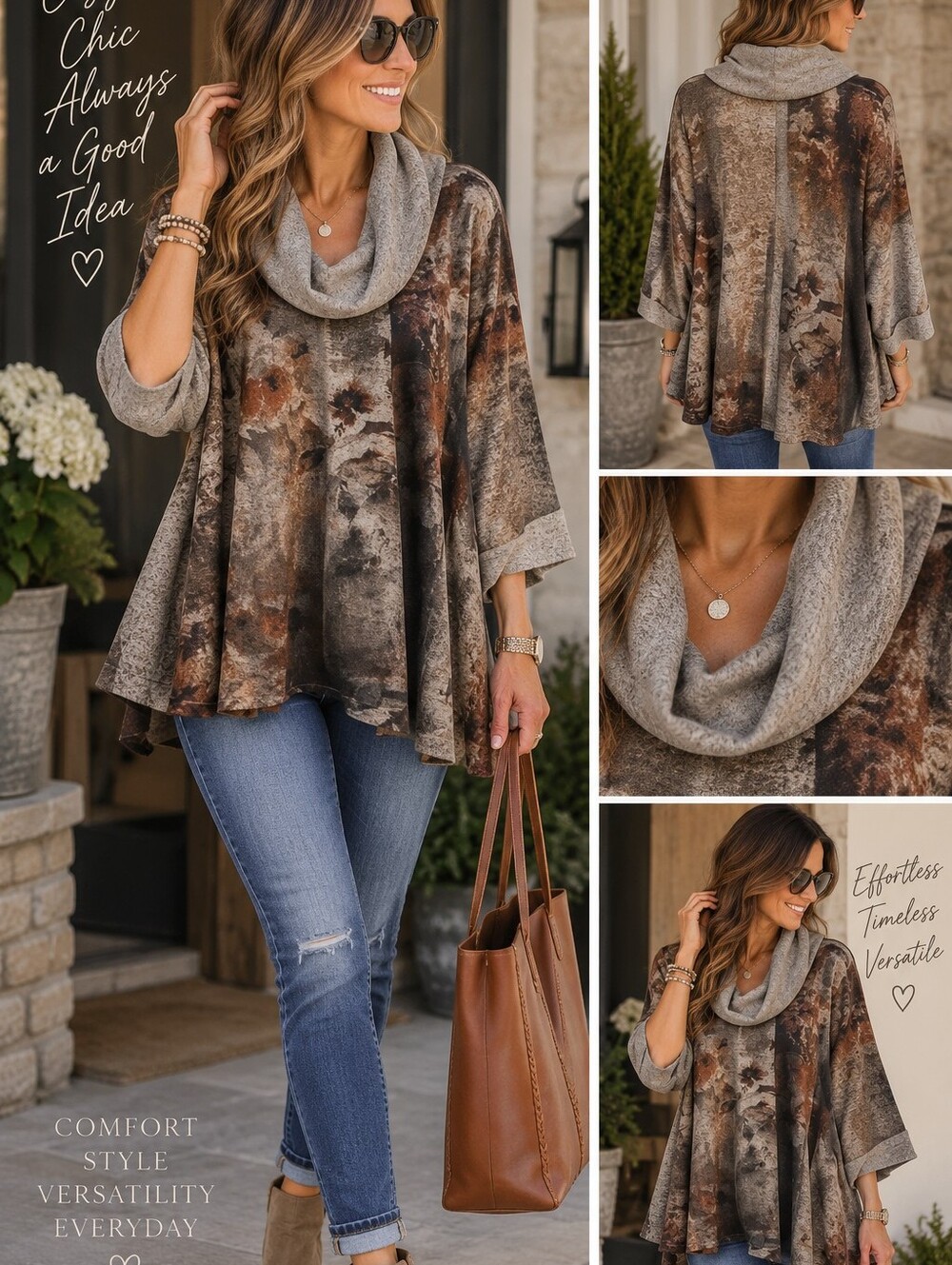 Passport Floral-Mottled Cowl Swing Sweater in Brown and Gray